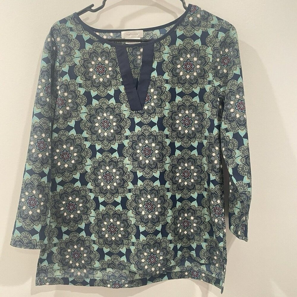 Van Heusen Petite Keyhole Blue Green Pink  3/4 Sleeve Blouse Size Small S/P